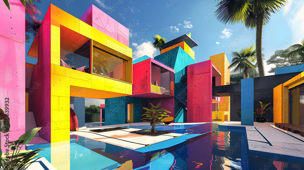 3d render of a modern building - Bold, geometric architectural design with clean lines and vibrant colors - Generated by AI