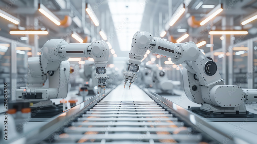 Robot arms within an industrial manufacturing plant. The assembly line is equipped with advanced automation technology. Bright lighting illuminates the clean, modern facility.