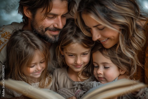 A multi-generational family enjoys reading together, illuminated by a soft glow.