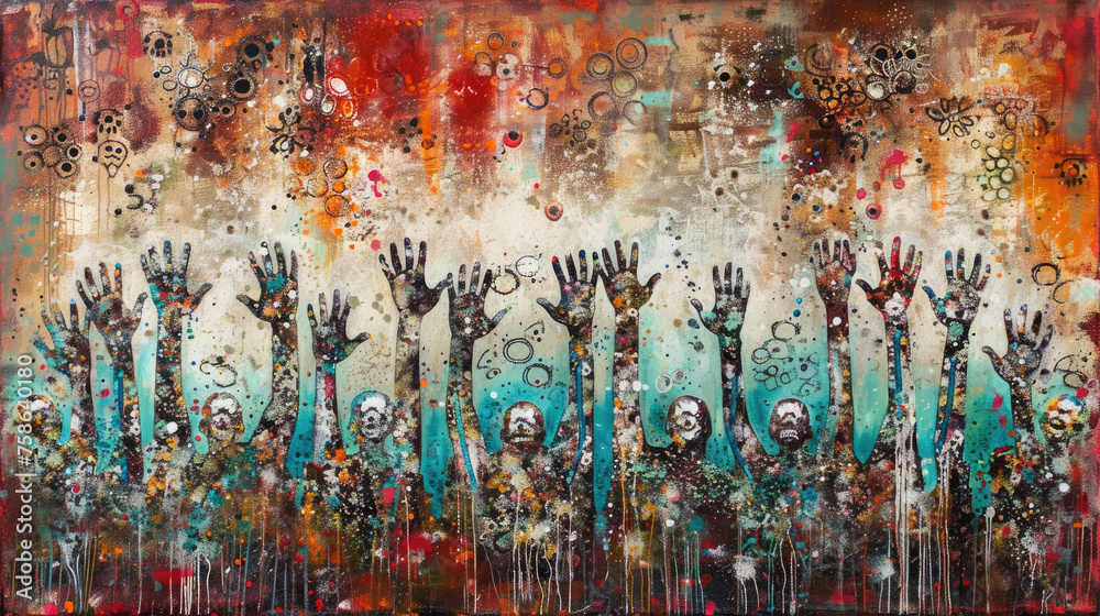 Abstract painting featuring raised hands among colorful backdrop with cog and gear motifs suggesting unity and mechanical chaos