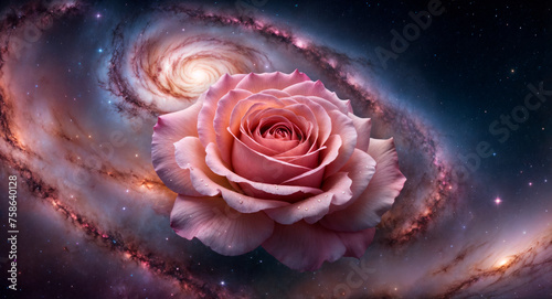 Delicate pink rose on galaxy background