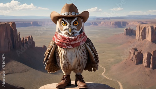 An owl dressed as a cowboy wearing a ten gallon hat bandana and cowboy boots ready to ride the range  photo