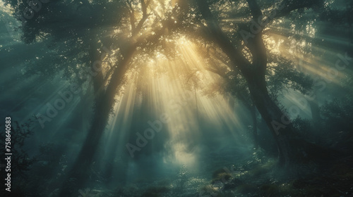 Sunbeams streaming through a misty forest with a mysterious, ethereal quality created by natural light diffraction.
