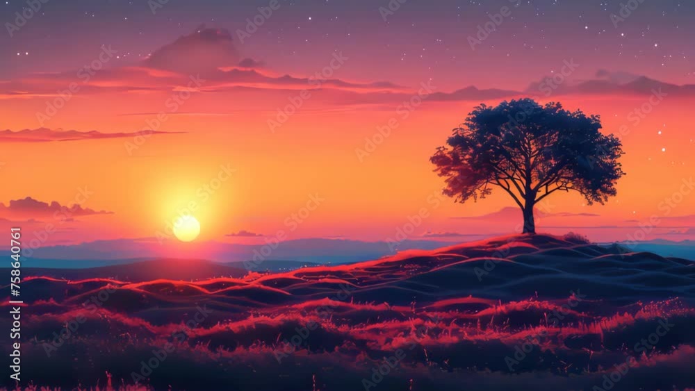 Drawing landscape a tree on sunset sky background. Generative ai. Drawing landscape a tree on sunset sky background. Generative ai.