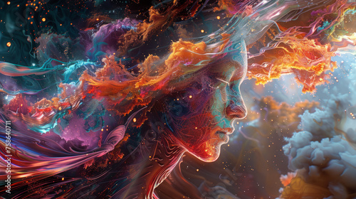Abstract digital art of a human profile infused with a vibrant cosmic nebula, featuring intertwined colors that suggest motion and energy.