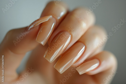 Female hand with beige nail design  Nail Polish. Art Manicure. Modern style nude Nail Design.