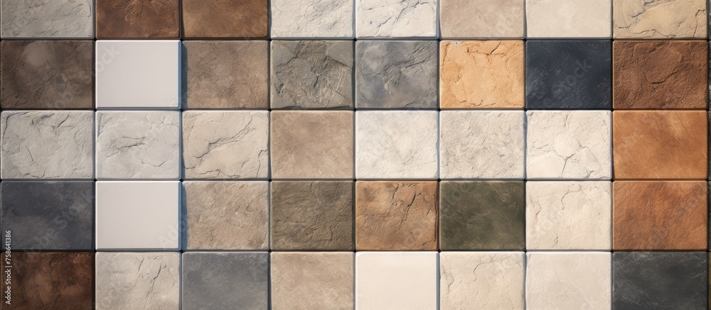 The picture shows a variety of tiles including brown, grey, and beige hues in rectangular shapes. The flooring and wall tiles create symmetry with different tints and shades The picture shows a variety of tiles including brown, grey, and beige hues in rectangular shapes. The flooring and wall tiles create symmetry with different tints and shades