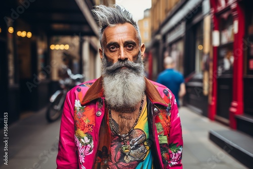 Portrait of handsome bearded hipster man with long gray beard and mustache in colorful jacket posing in the city streets