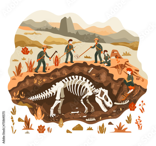 Flat vector illustration of a paleontological expedition, dinosaur bones in the ground