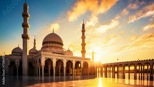 Big generic mosque with minarets with sun behind photo