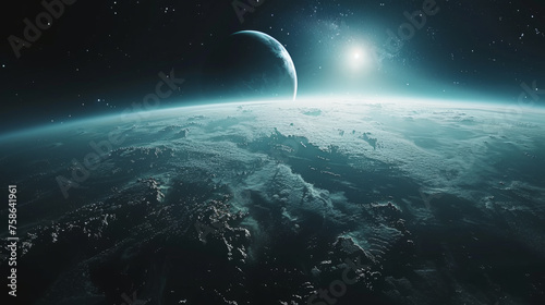 Vivid depiction of planet Earth from space showcasing the curvature of the globe, continental landmasses, atmospheric layer, and the darkness of space, illuminated by the distant sun.