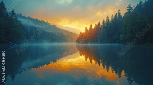 Sunrise over a misty lake surrounded by a forest with reflections on the water.