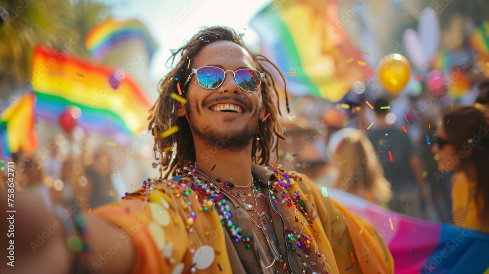 persona omosessuale  sorridente  alla parata dell'orgoglio con bandiere LGBTq