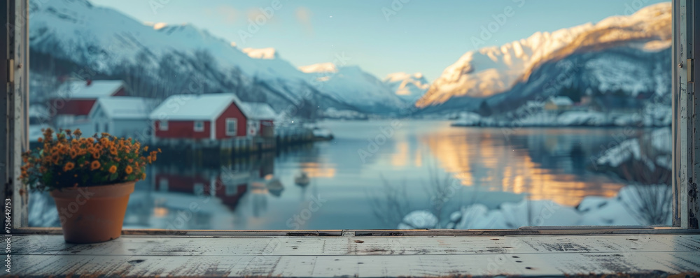 Beautiful scenery: empty white wooden table, Reine, Lofoten, Norway, blurred bokeh out of an open window, product display, defocus bokeh, blurred background with sunlight. product display template - obrazy, fototapety, plakaty 