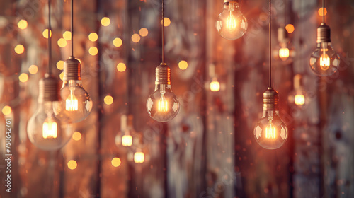 Festive background with hanging light bulbs on rustic wooden wall.