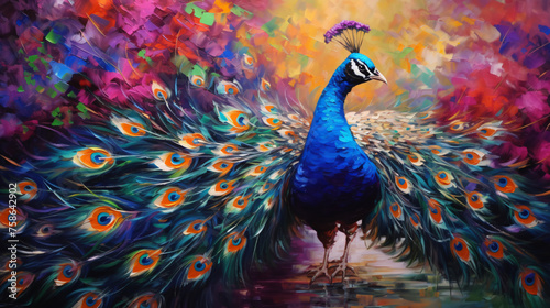 Artistic oil painting of a beautiful peacock. Closeup © Natia