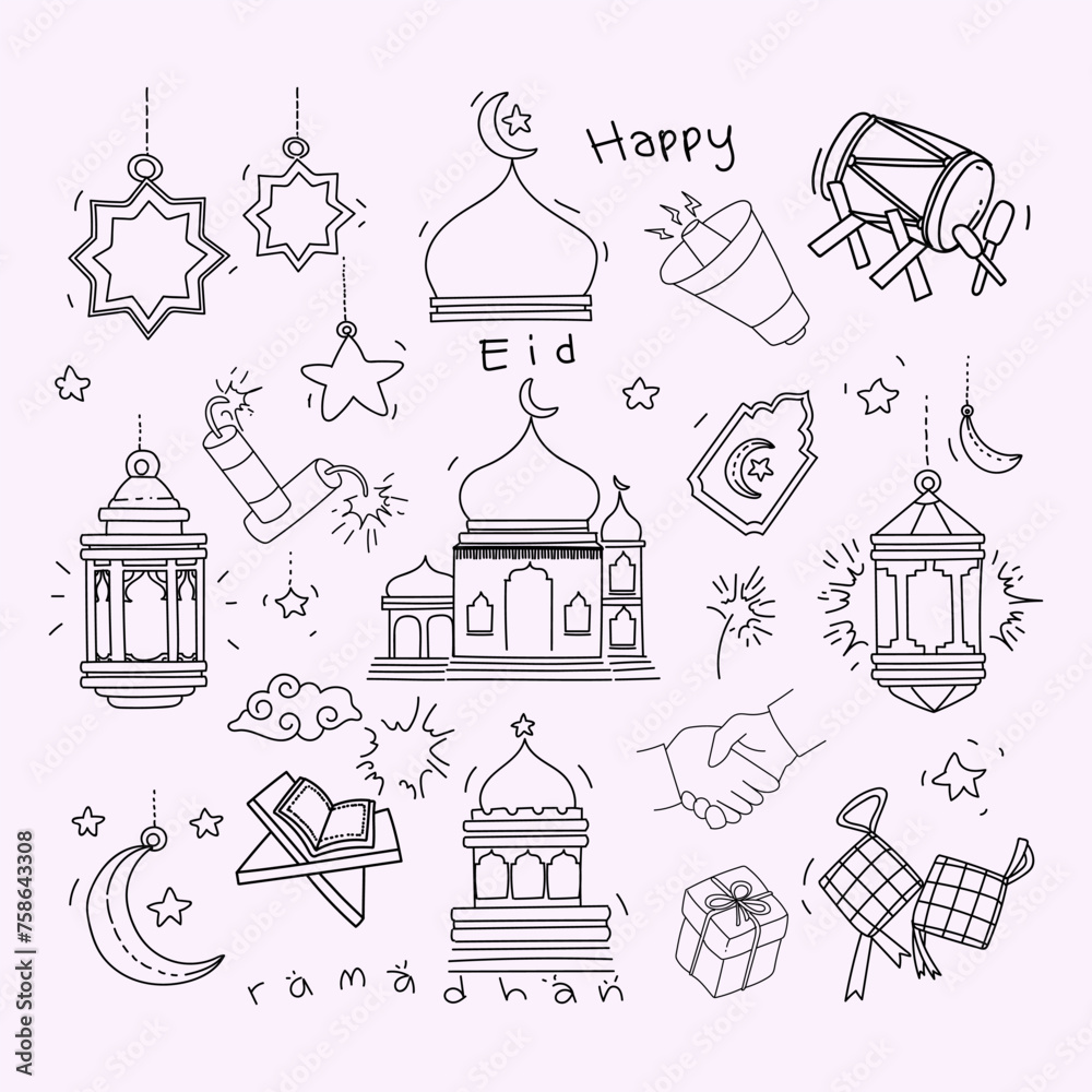 Set of symbols and icons for holy Ramadan doodle line art hand drawn vector illustration.