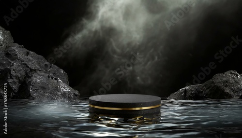 podium mockup  in the water with black backgrounda and fog photo