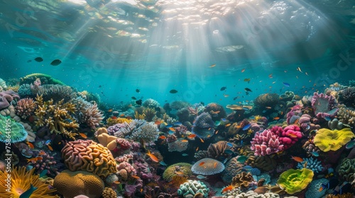 Sunbeams penetrate the ocean surface, illuminating a vibrant coral reef bustling with marine life.
