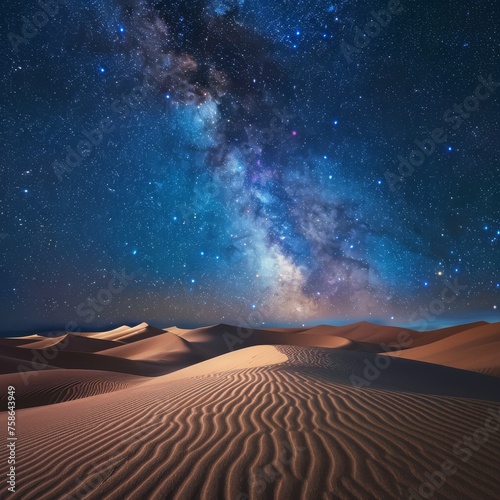 Starry night sky above sand dunes in a desert with clear Milky Way visibility and ripples in the sand.