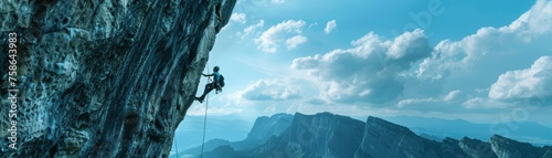 Rock climber ascending a steep cliff with safety gear, with a panoramic mountainous landscape in the background.