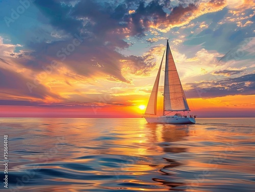 Sailboat on the ocean at sunset with vibrant orange sky and smooth water reflections, conveying a sense of calmness.
