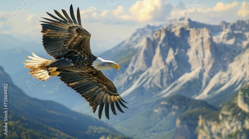 Bald eagle in flight with fully spread wings against the backdrop of a mountainous landscape.