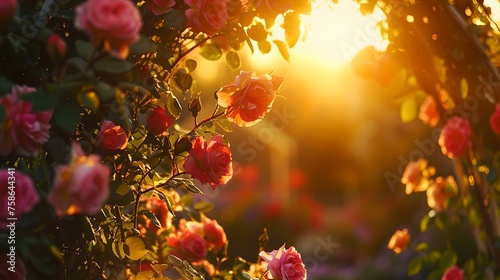 Breathtaking view of roses in bloom with golden sunset light. perfect for backgrounds, floral themes. serene and delicate nature moments captured. AI
