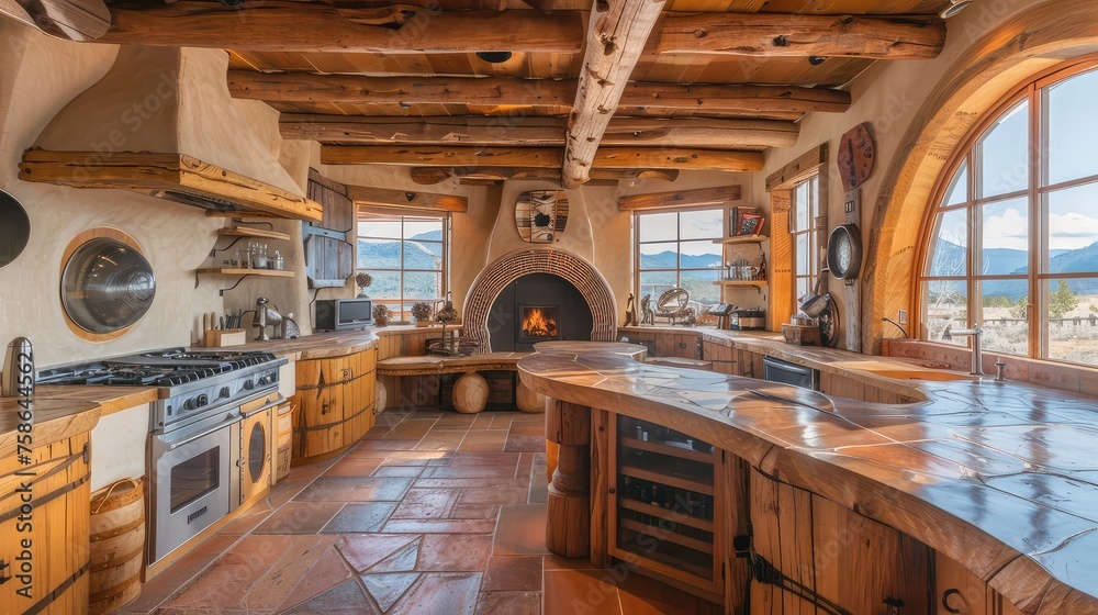 Rustic Kitchen Interior With Wood Cabinetry and Round Windows in Daylight. Kitchen interior with wooden furniture. Round windows in the kitchen. mountain shelter - obrazy, fototapety, plakaty 