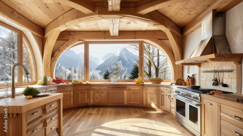 Rustic Kitchen Interior With Wood Cabinetry and Round Windows in Daylight. Kitchen interior with wooden furniture. Round windows in the kitchen. mountain shelter photo