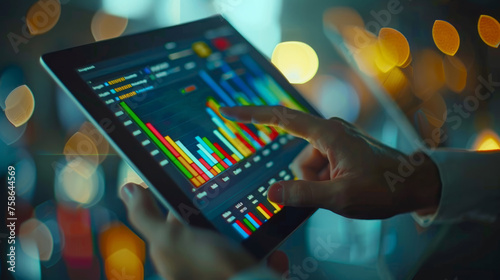 Close-up of a person's hands interacting with a tablet displaying colorful financial charts and graphs, illuminated by ambient light with a blurred background. photo