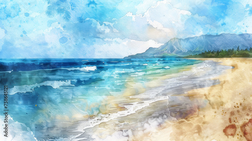 Idyllic relaxing watercolor beach scene with palm trees blue sky with white clouds gentle waves and sandy shore. Warm and inviting vacation concept with no people, copy space. Artistic painting style