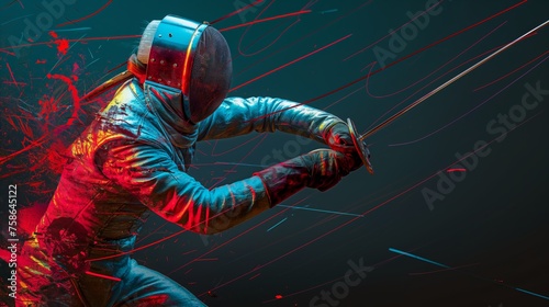 Portrait of a fencer wearing fencing costume and mask and holding the sword against dark background. photo