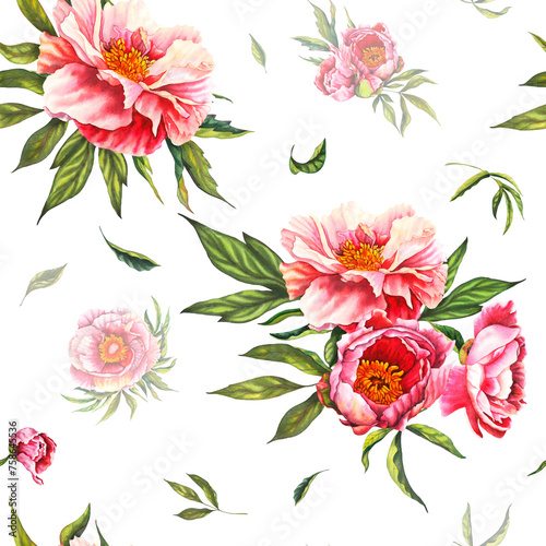 Vintage Style pink Floral Pattern on white Background  Spring Floral  Classic Dainty Floral Seamless Print Design Watercolor peony bud Flower in pastel rose colors with green leaves. Hand drawn floral