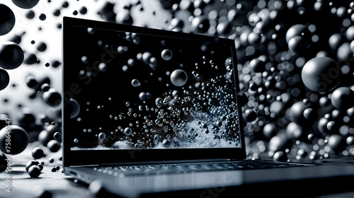 Black and withe image of particles floating around a laptop. 