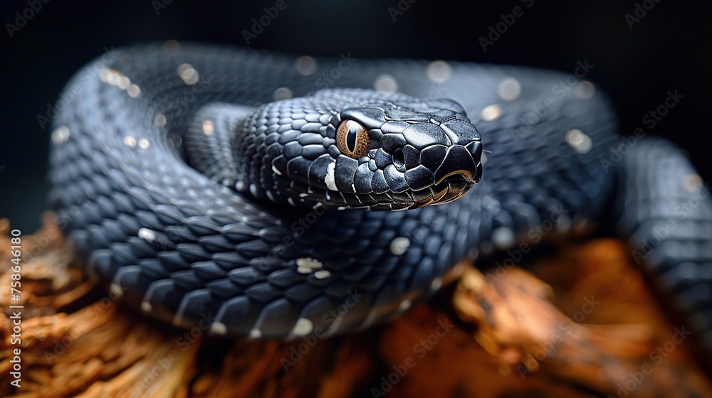 Black poisonous snake on a tree stump Black poisonous snake on a tree stump