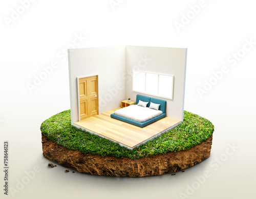 Bed room near big tree on tiny earth land with green grass in real estate sale or property investment concept. ground ecology isolated on light. Isometric low poly part of house. 3d rendering.