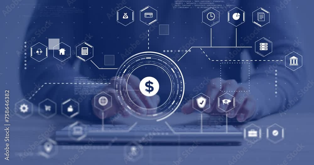 Animation of connections with business icons over biracial businessman using laptop Animation of connections with business icons over biracial businessman using laptop
