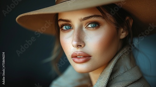 Beautiful woman wearing a hat retro fashion dark background