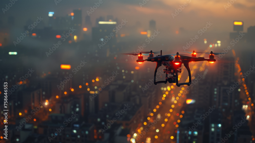 A drone equipped with lights flies over a city at dusk, capturing the urban landscape shrouded in a warm glowing haze under the dimly lit sky. - obrazy, fototapety, plakaty 