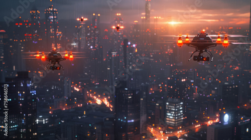 Two drones with red and white navigation lights flying over a bustling cityscape at twilight. The skyline is illuminated with various building lights and a colorful glow on the horizon.