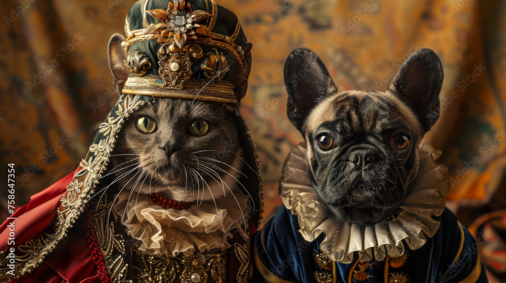 Obraz premium Cat and dog dressed in elaborate royal attire, posing regally with a vintage aesthetic backdrop, capturing a humorous and majestic representation of pet royalty.
