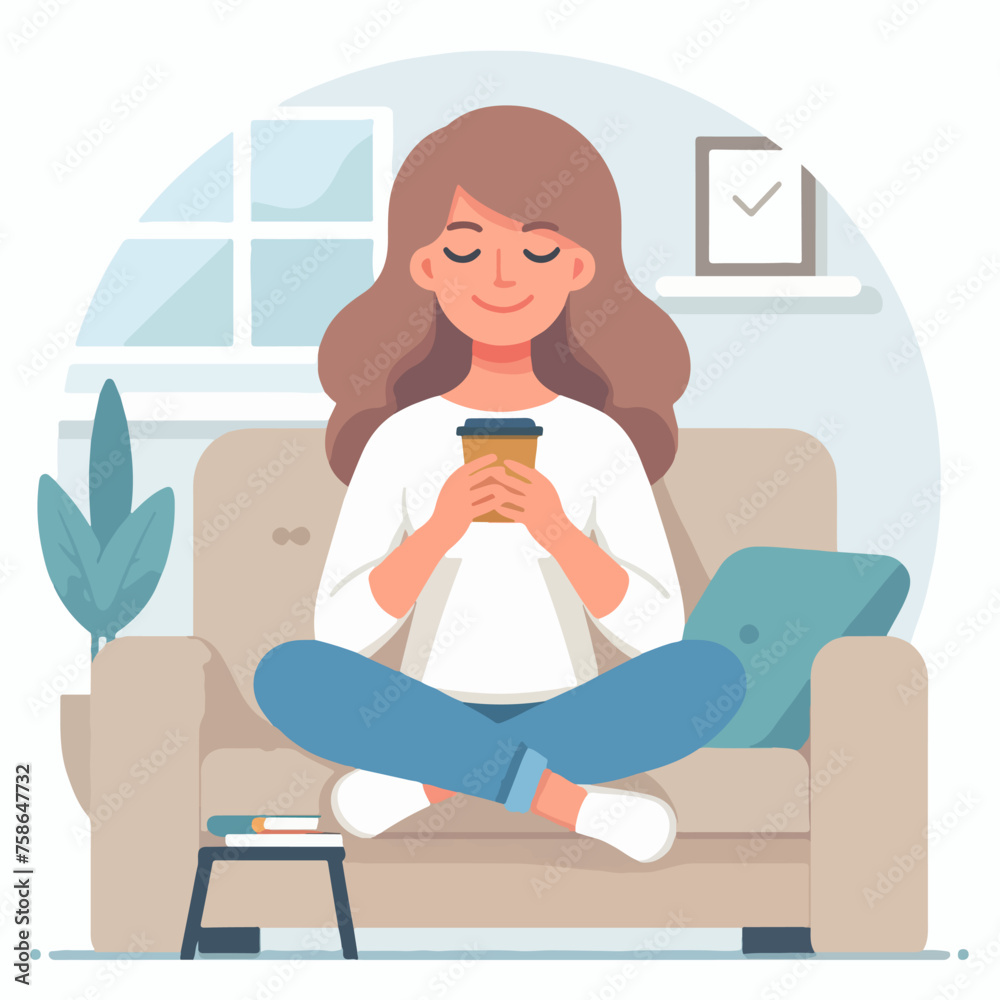 illustration of woman relaxing with a drink on the sofa