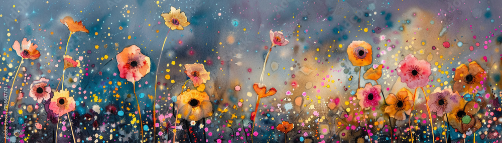 Celestial flora bloom in a watercolor cosmos - obrazy, fototapety, plakaty 