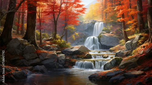 Beautiful waterfall with colorful stones in autumn 
