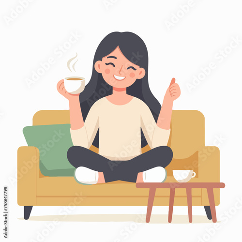 illustration of a happy millennial woman relaxing with a coffee and giving a thumbs up