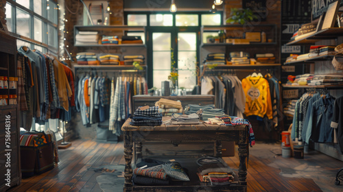 Cozy vintage clothing store interior with an assortment of clothes displayed on racks, shelves, and wooden tables under warm lighting.