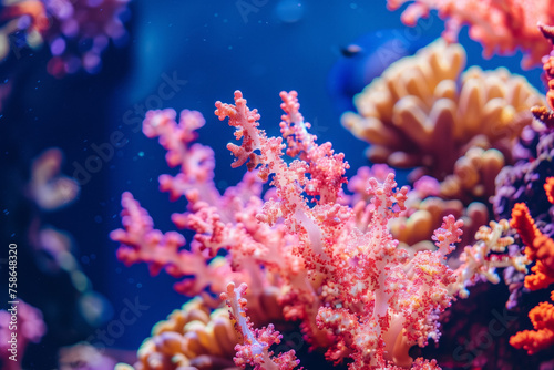 Vibrant Coral Ecosystem. Radiant pink coral branching out in deep blue waters.