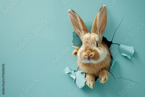 Happy easter. Cute Easter bunny looks out of a hole in a light blue background. Easter background.