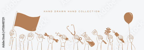 Hand drawn line drawing International Labour Day in a collection 